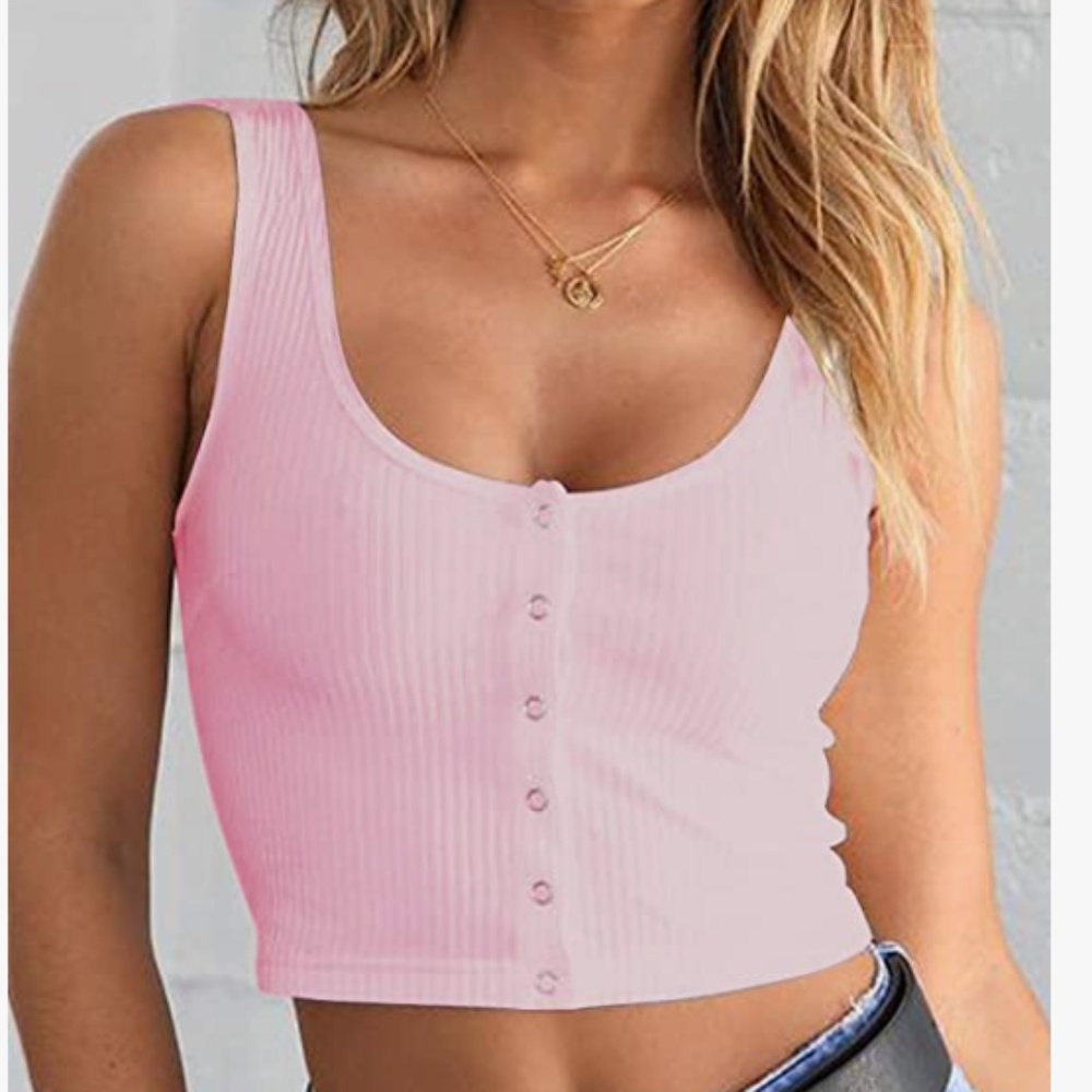 Women's Casual Sleeveless Button-Down Shirts Basic Camisole Crop Tank Pink Sz S
